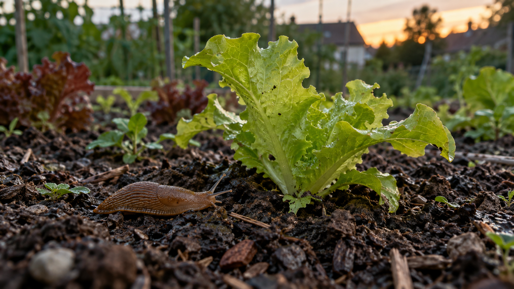 Nacktschnecke neben angefressenem Salat in einem Beispielgarten